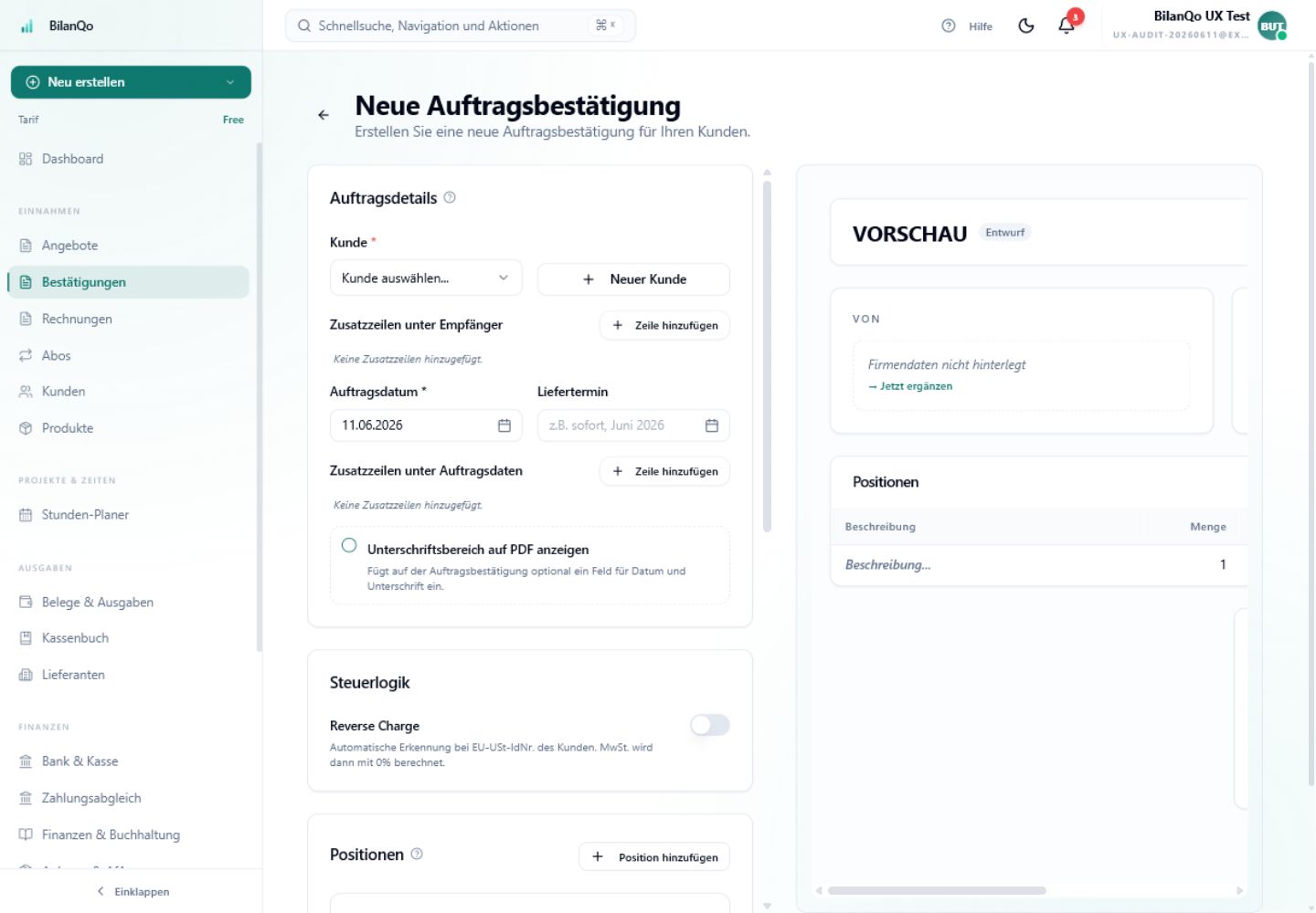 Auftragsbestätigung mit Referenzdaten für eine spätere XRechnung