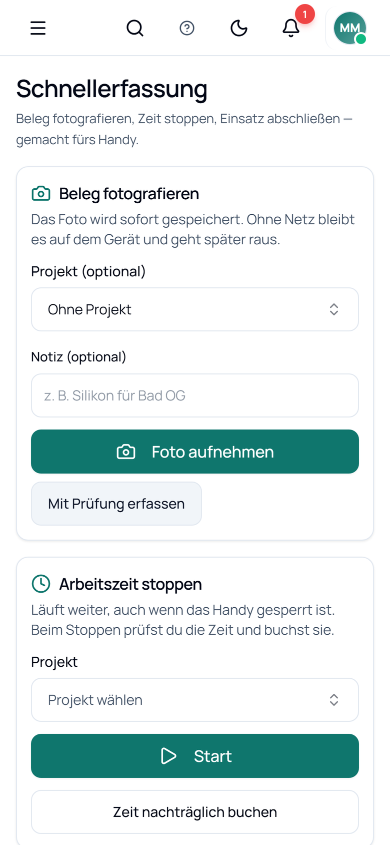 BilanQo auf dem Smartphone: Schnellerfassung von Zeiten und Belegen