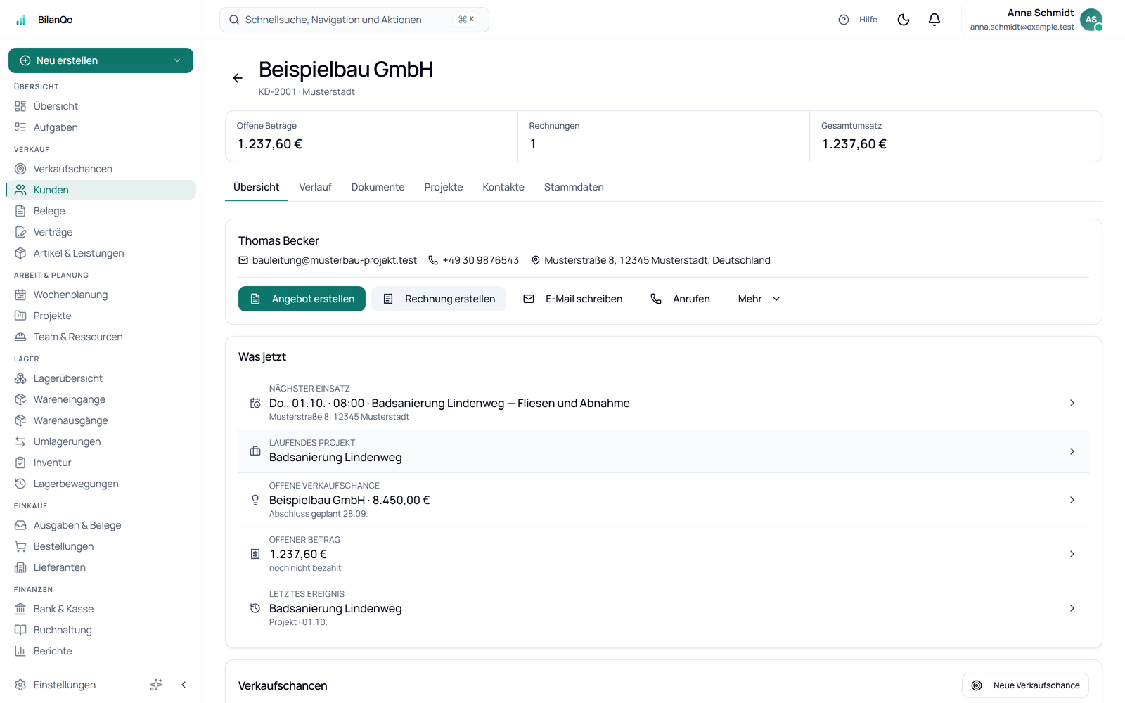 Kundenakte in BilanQo mit Rechnungen und offenen Posten