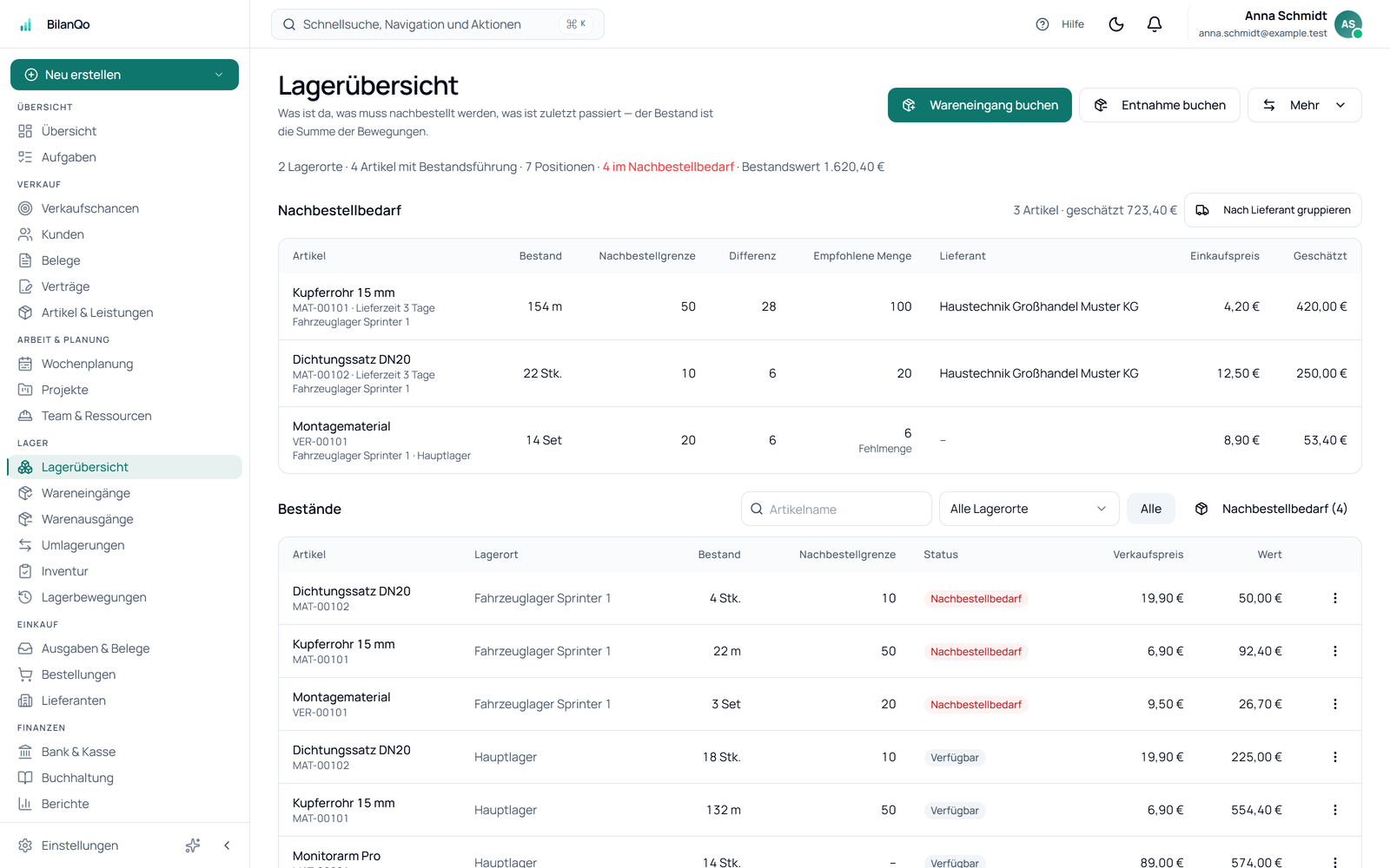 Lagerübersicht in BilanQo mit Beständen je Lagerort und Nachbestellbedarf