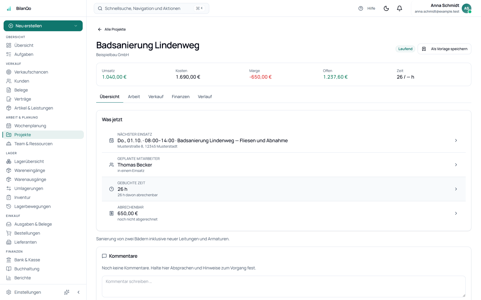 Projekt mit erfassten Stunden und Abrechnung in BilanQo