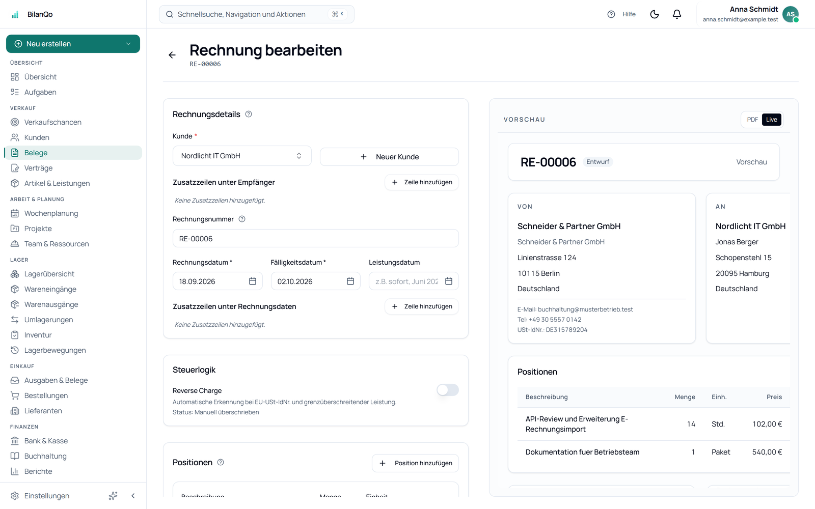 Rechnung mit E-Rechnung in BilanQo