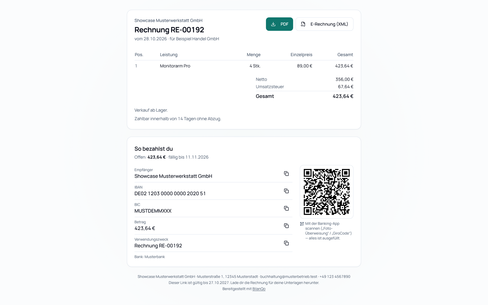 Rechnungsportal von BilanQo: Der Kunde öffnet die Rechnung per Link mit Positionen, PDF, E-Rechnung und GiroCode