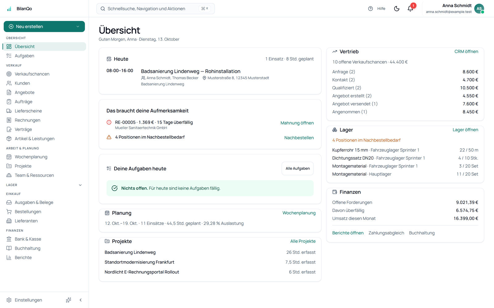 BilanQo Dashboard nach dem Wechsel von anderer Buchhaltungssoftware